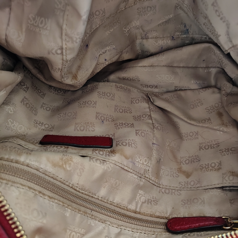 Michael Kors Red Pebbled Leather Hobo Shoulder Bag with Gold MK Logo - Picture 11 of 16
